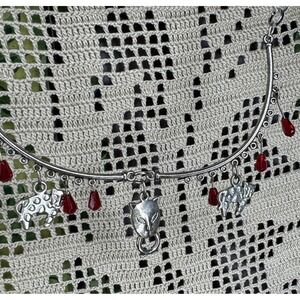 Silver Tone Lion Leopard Cat Necklace Red Teardrop Beads Adjustable Statement